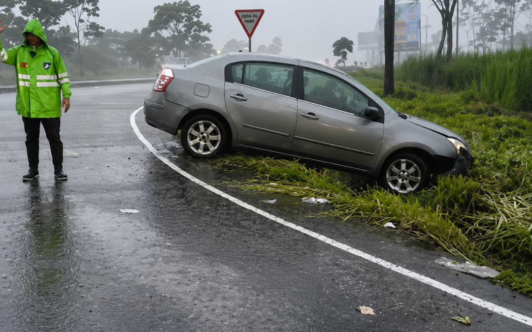 Automóvil Sale de la Pista y Obstruye Carril Sur en el Km 57 de la Ruta al Pacífico; Provial Atiende el Percance en Escuintla